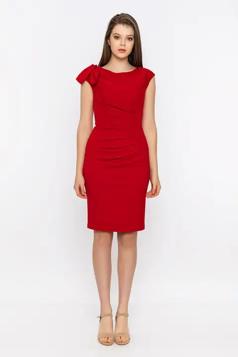Kırmızı Omzu Kurdeleli Drape Detaylı Elbise