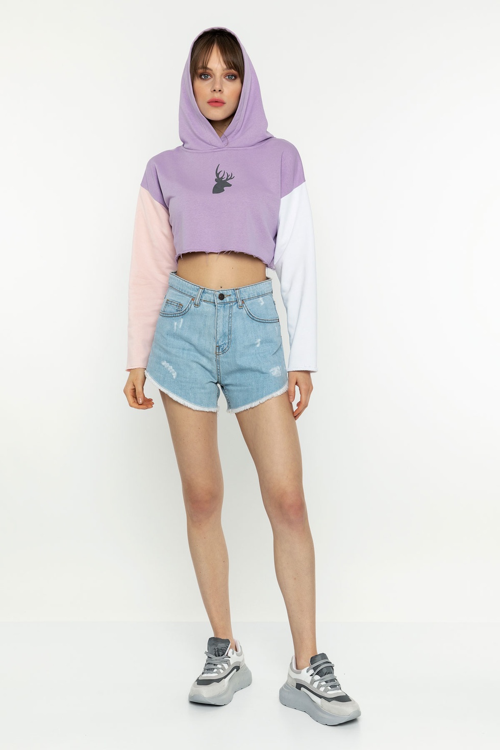 Kapüşonlu Crop Kesim Garnili Sweatshirt