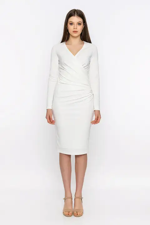 Beyaz Drape Detaylı Kruvaze Yaka Elbise