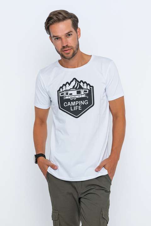 Beyaz Camping Life Baskılı Tişört