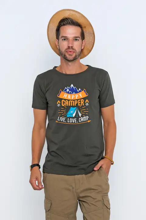 Haki Happy Camper Baskılı Tişört