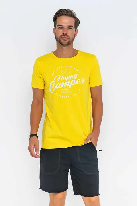 Sarı Kamp Temalı Happy Camper Baskılı Tişört