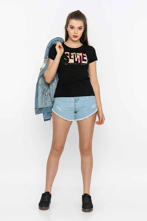 Siyah Selfie Renkli Reflektör Baskılı T-Shirt