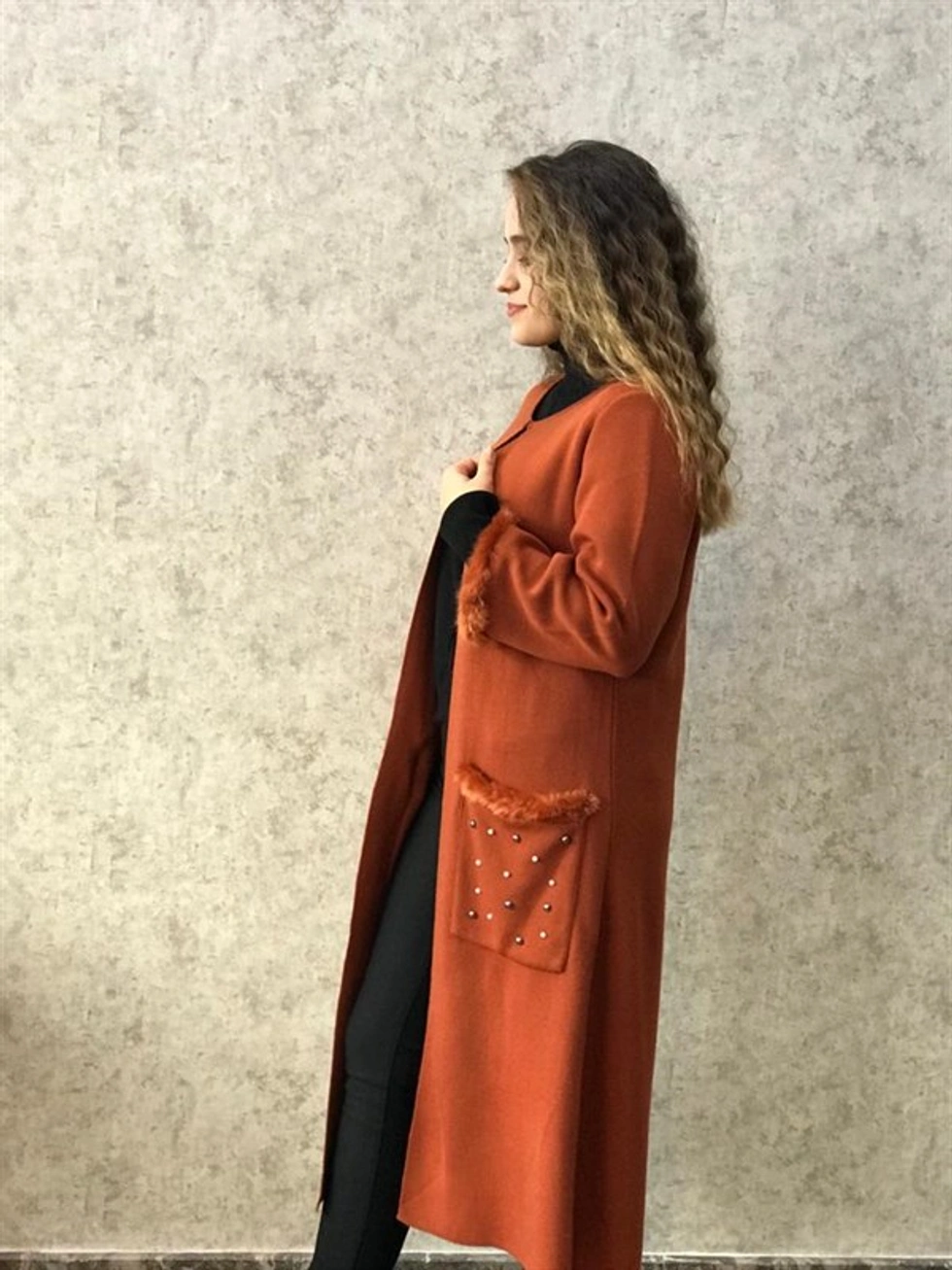 Kolları Tüylü Hırka - Kiremit