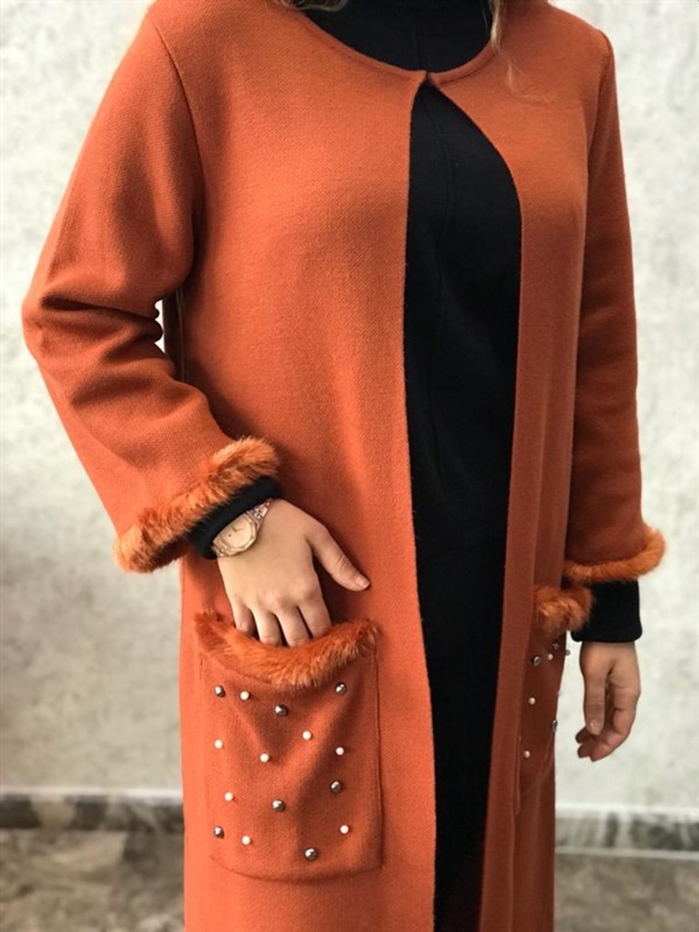 Kolları Tüylü Hırka - Kiremit