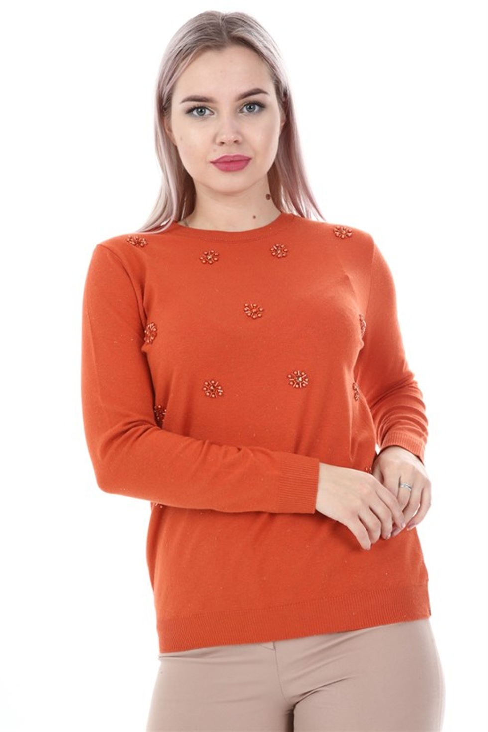 Women Kadın İnci Detay Triko ORANGE