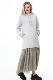 Women Kadın Leopar Desen Kapüşonlu Elbise GRİ