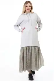 Women Kadın Leopar Desen Kapüşonlu Elbise GRİ