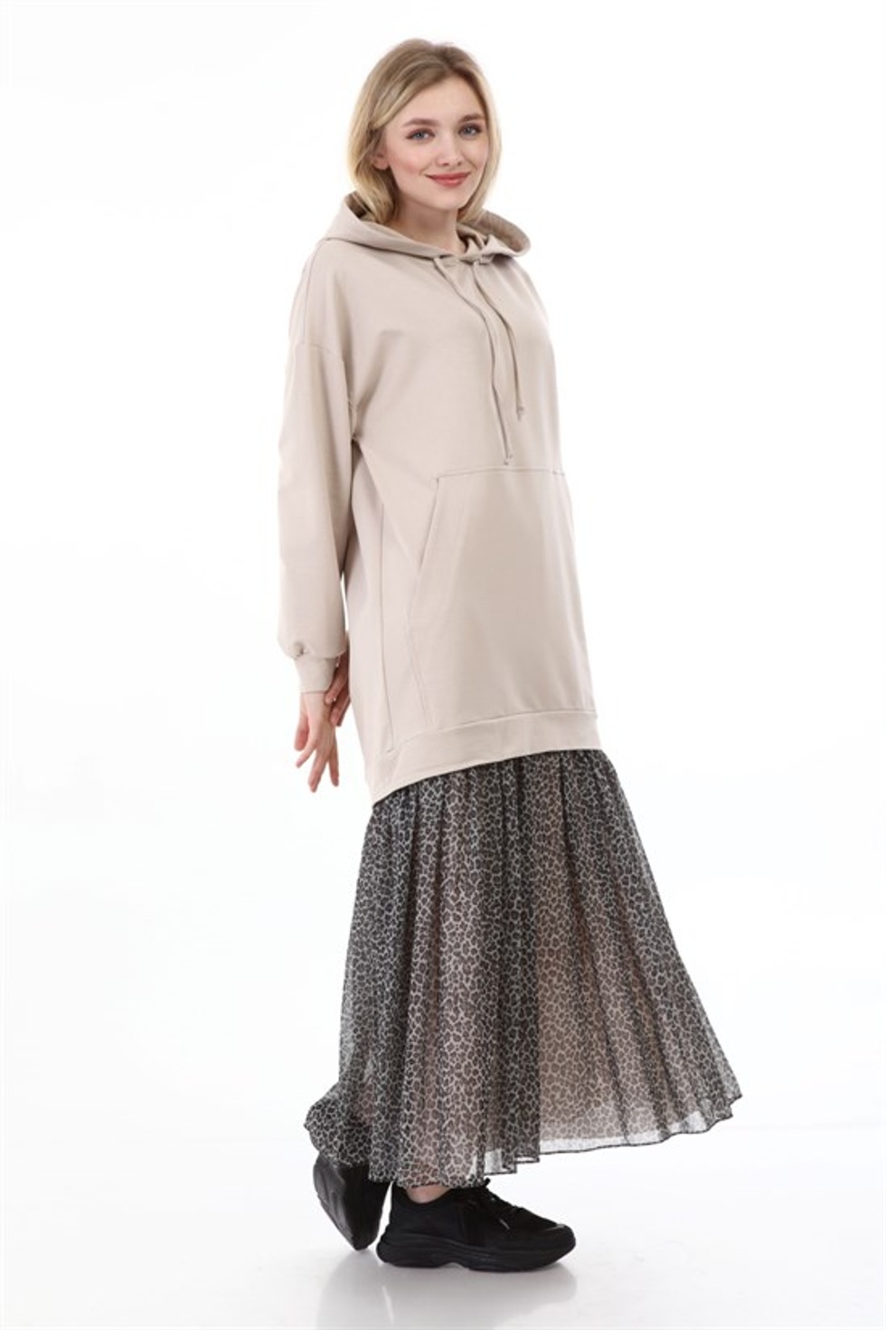 Women Kadın Leopar Desen Kapüşonlu Elbise