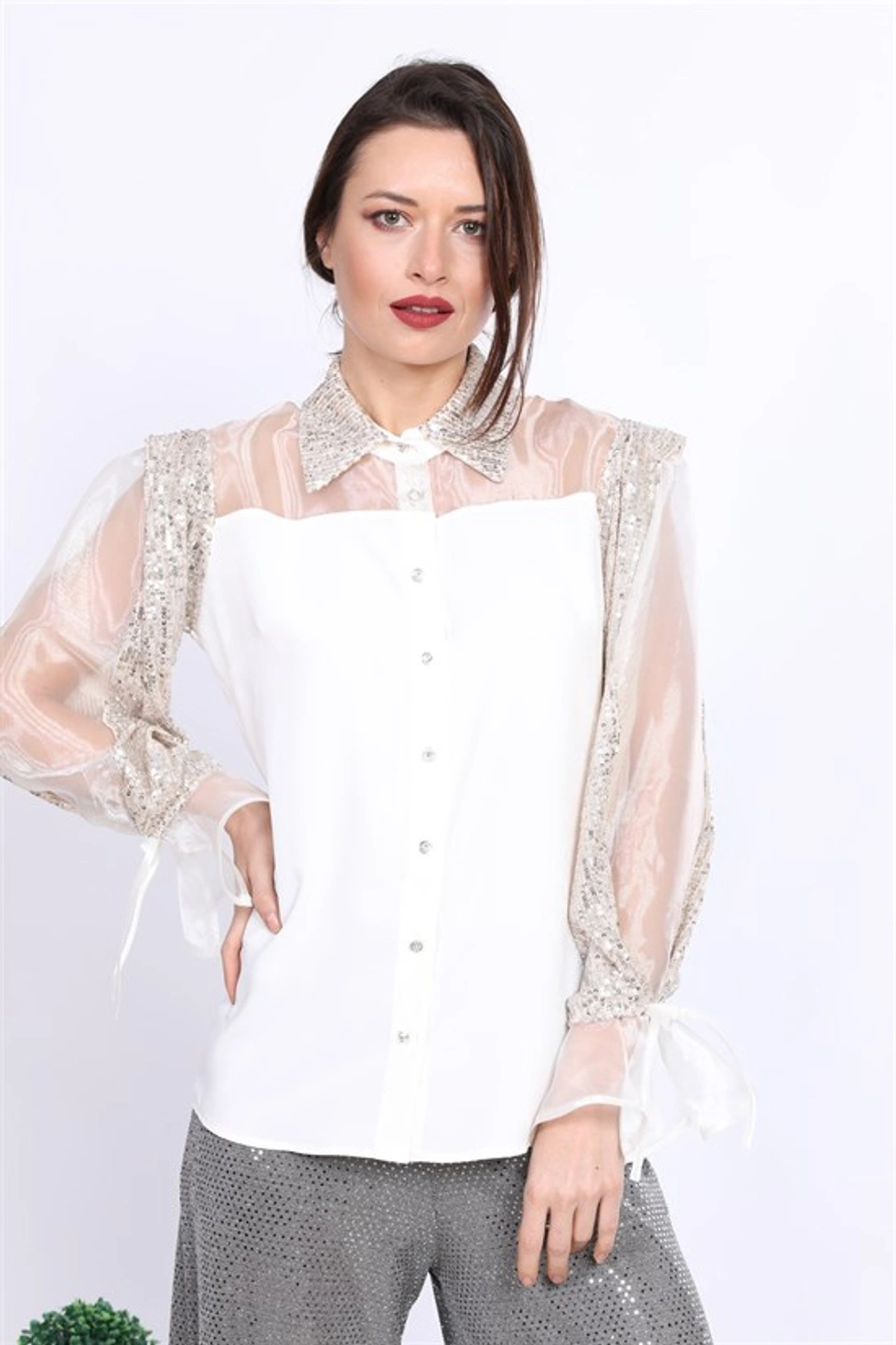 Women Kadın Kolları Pul Payet Detaylı Bluz