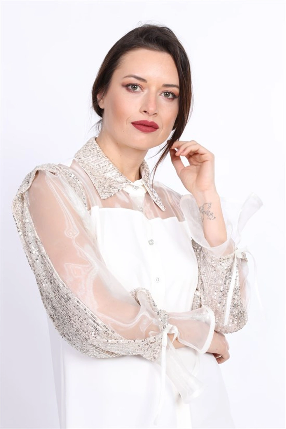 Women Kadın Kolları Pul Payet Detaylı Bluz