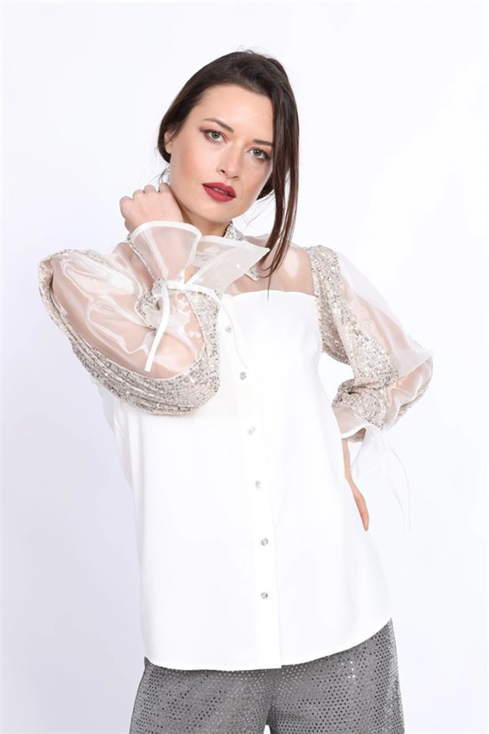 Women Kadın Kolları Pul Payet Detaylı Bluz
