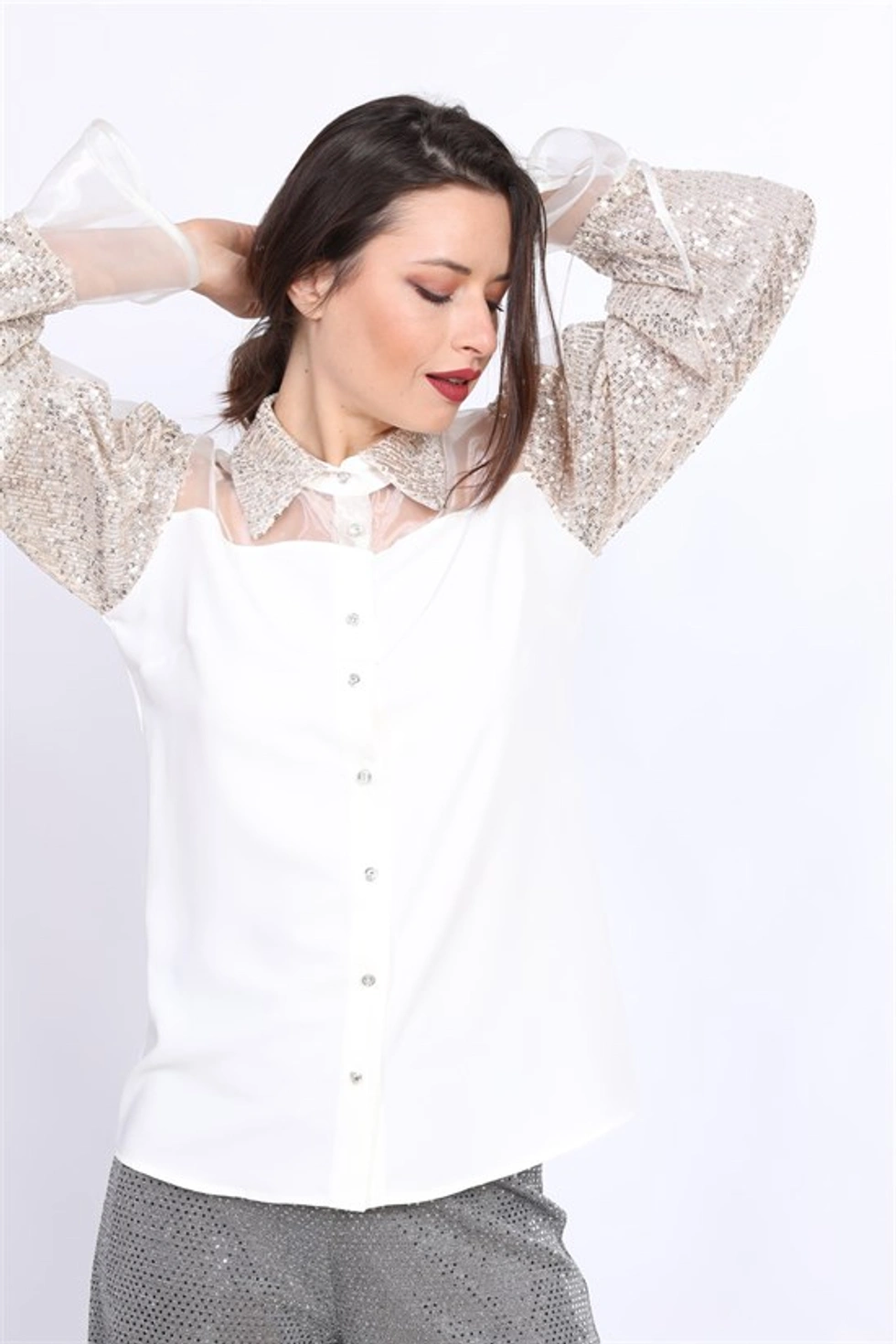 Women Kadın Kolları Pul Payet Detaylı Bluz