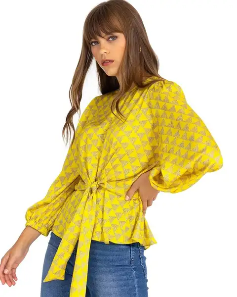 Sarı Bağlamalı Desenli Bluz