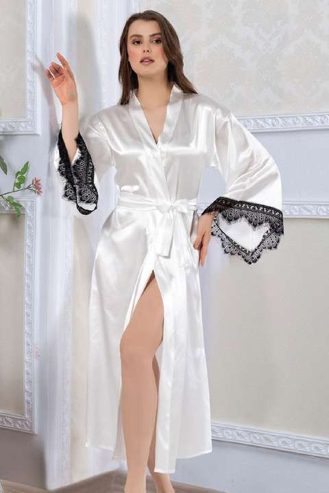 Beyaz Dantel Detaylı Saten Kimono Uzun Sabahlık