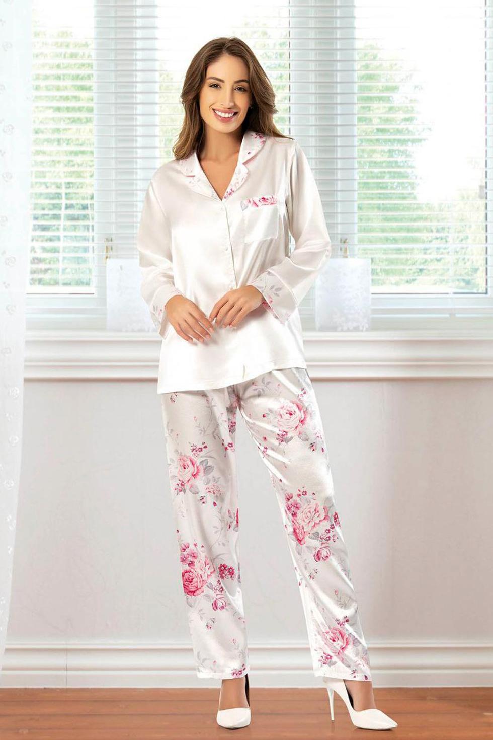 Çiçek Desenli Düğmeli ve Cepli Uzun Kollu Saten Pijama Takımı