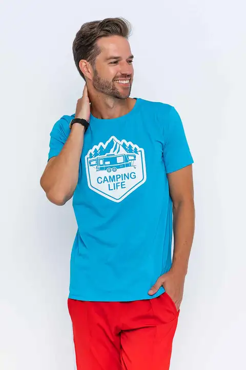 Mavi Camping Life Baskılı Kamp Tişörtü