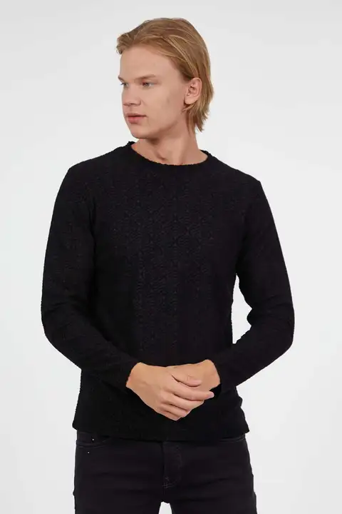 Siyah Kendinden Desenli Rahat Kalıp Sweatshirt