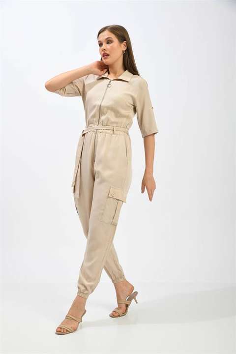 Beige FTZ Women Kadın Kermerli Tulum