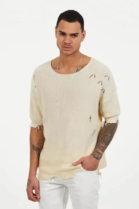 Bej Lazer Kesim Yırtık Detaylı Salaş Triko Tişört