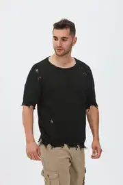 Lazer Kesim Yırtık Detaylı Salaş Triko Tişört