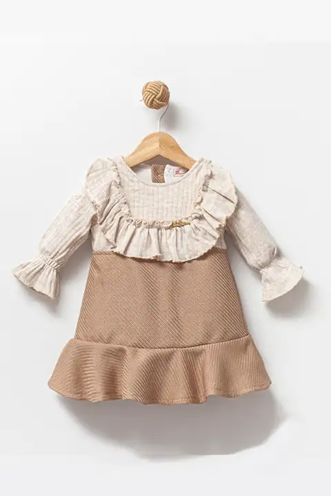 Kahverengi Uzun Kollu 6-9-12-18 Aylık Kız Bebek Elbisesi