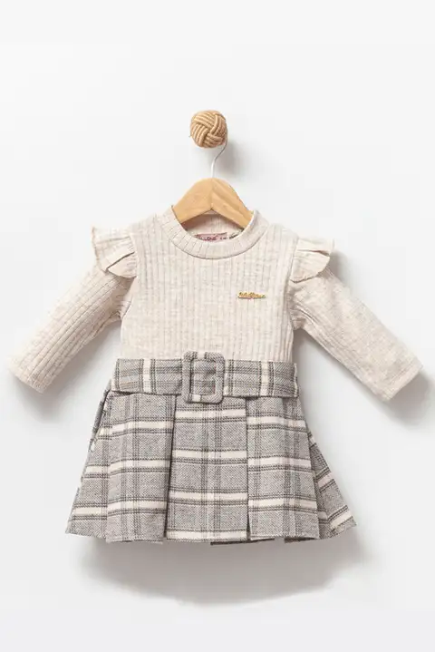 Bej Uzun Kol 6-9-12-18 Aylık Kemerli Kız Bebek Elbisesi