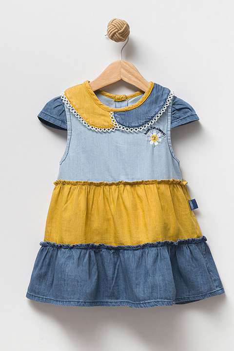 Mavi Sarı Üç Renkli 18 Ay 2-3 Yaş Yazlık Kız Çocuk Elbisesi