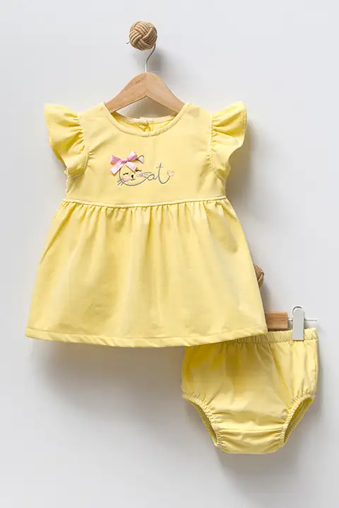 Sarı 9-12-18 Ay Silipli Ham Yazlık Kız Bebek Elbisesi
