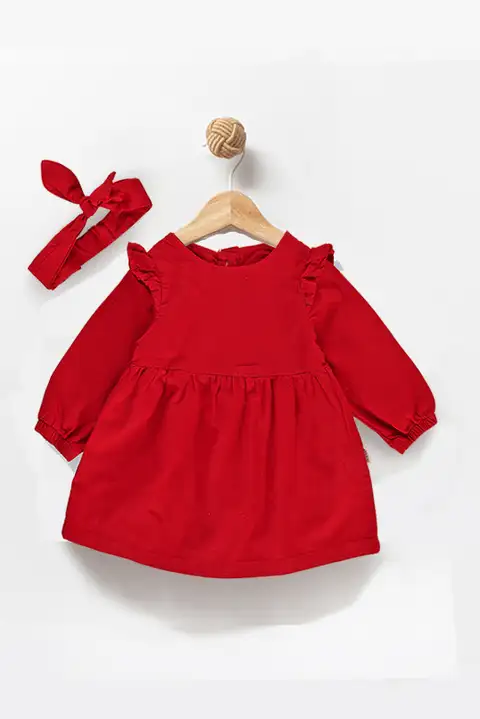Kırmızı %100 Pamuk Kadife 12-18-24 Ay Kışlık Kız Çocuk Elbisesi