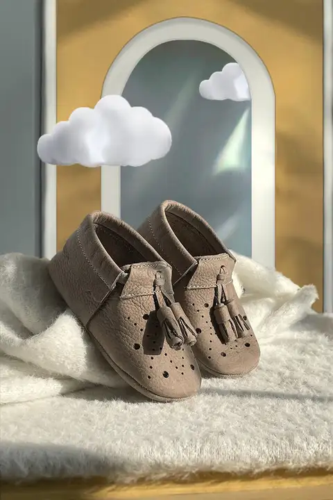 Vizon İlk Adım Bebek Ayakkabısı %100 Hakiki Deri Püsküllü Makosen