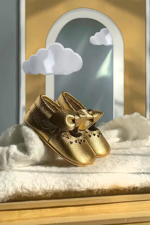 Gold Metalik Parlak Hakiki Deri İlk Adım Bebek Ayakkabısı