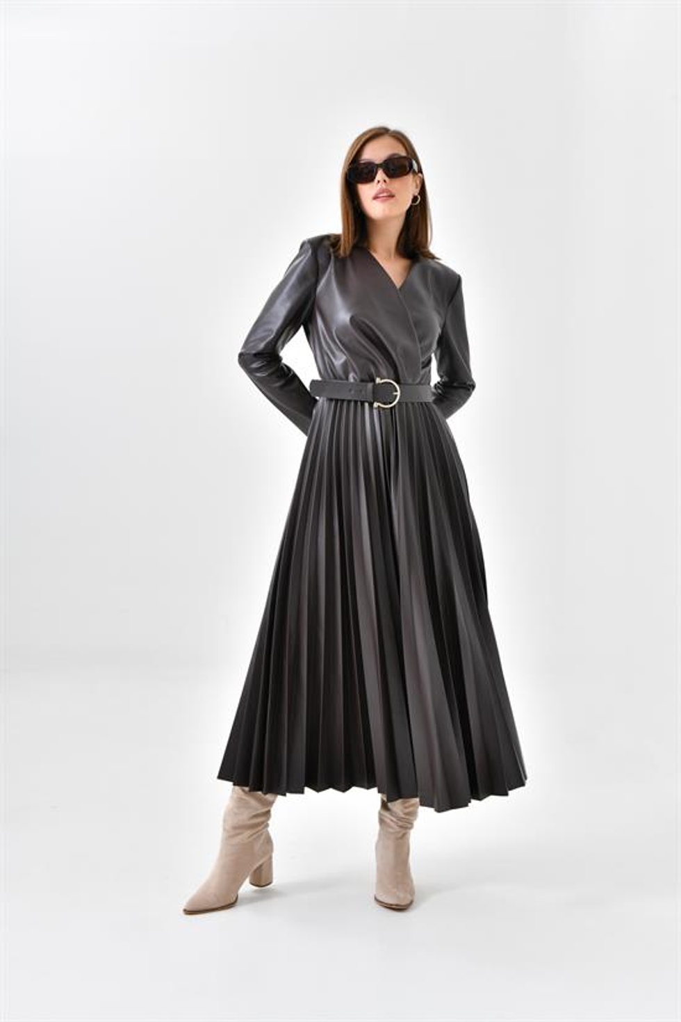 Ftz Women Kadın Deri Pliseli Elbise 30639