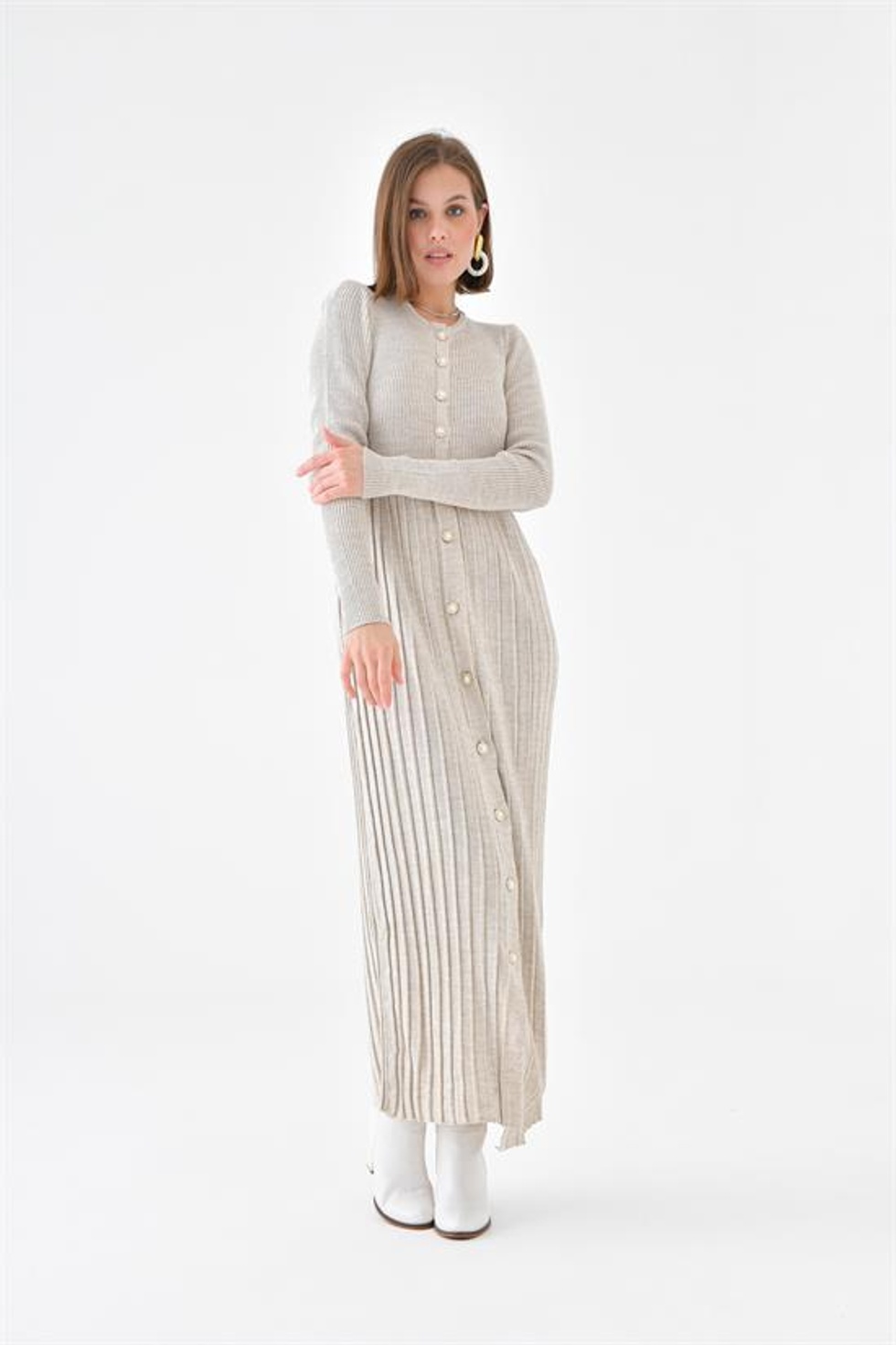 Ftz Women Kadın Düğme Detaylı Elbise Taş 20690
