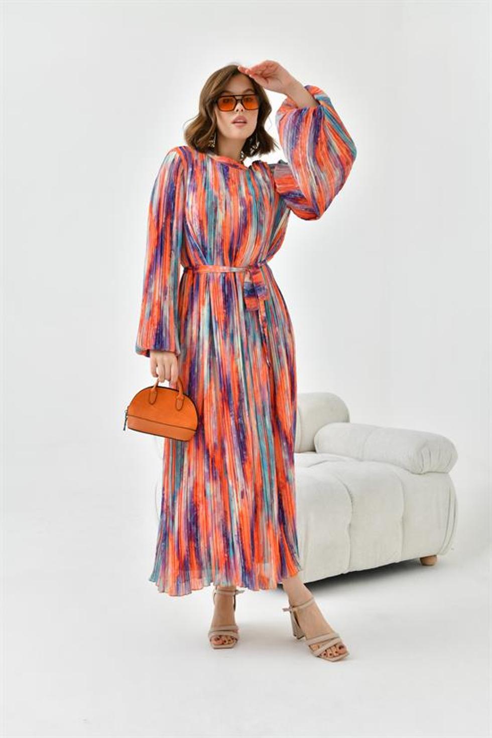 Ftz Women Kadın Desenli Pliseli Elbise Orange 30747