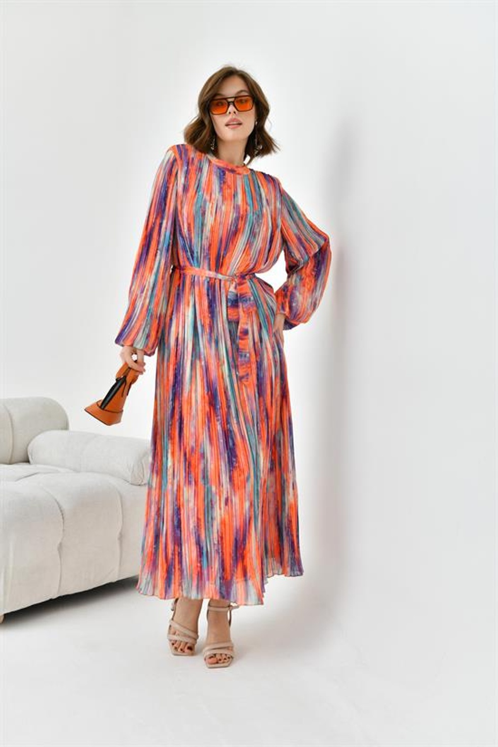Ftz Women Kadın Desenli Pliseli Elbise Orange 30747