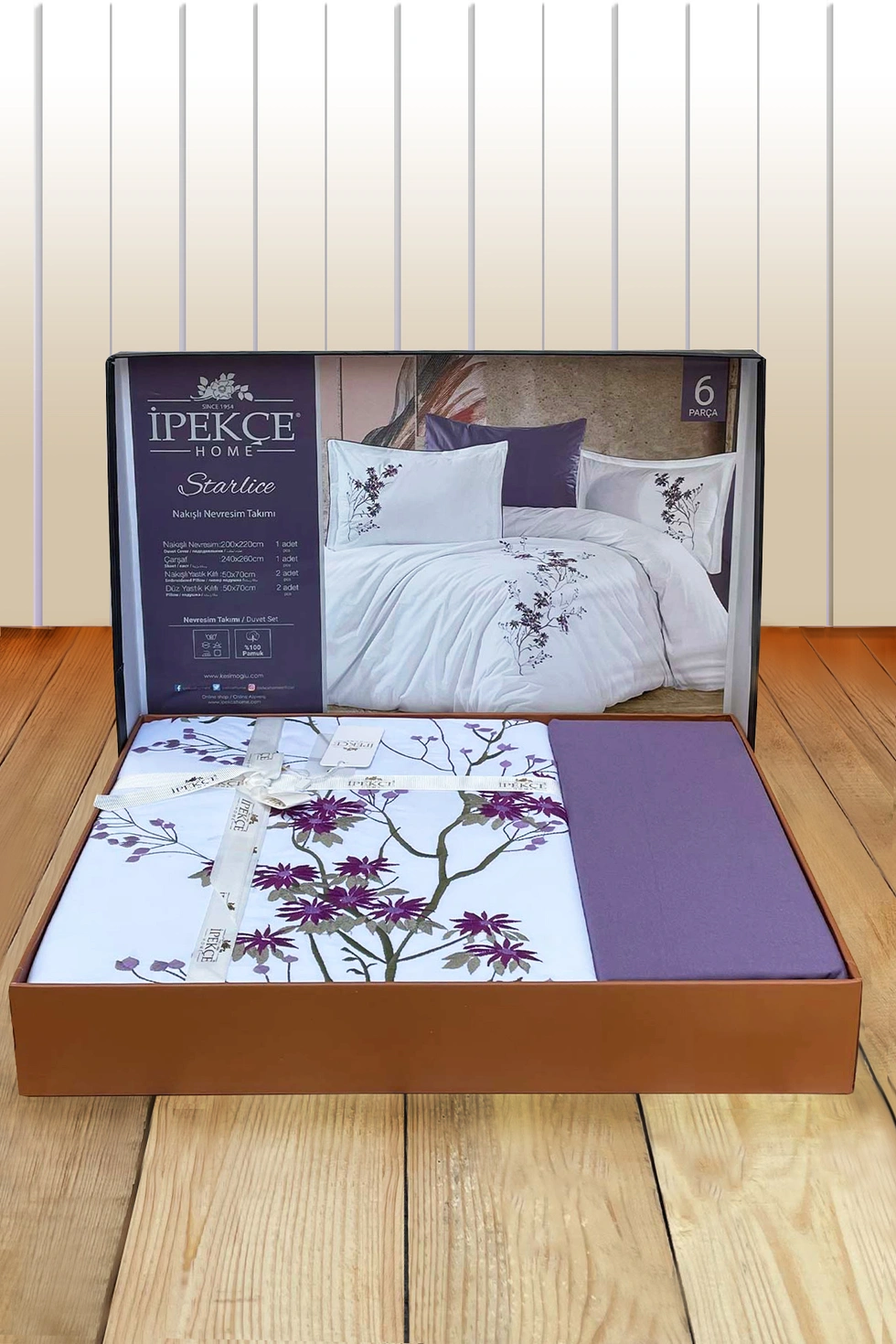 %100 Pamuk Akfil Nakışlı 6 Parça Kutulu Çift Kişilik Nevresim Takımı