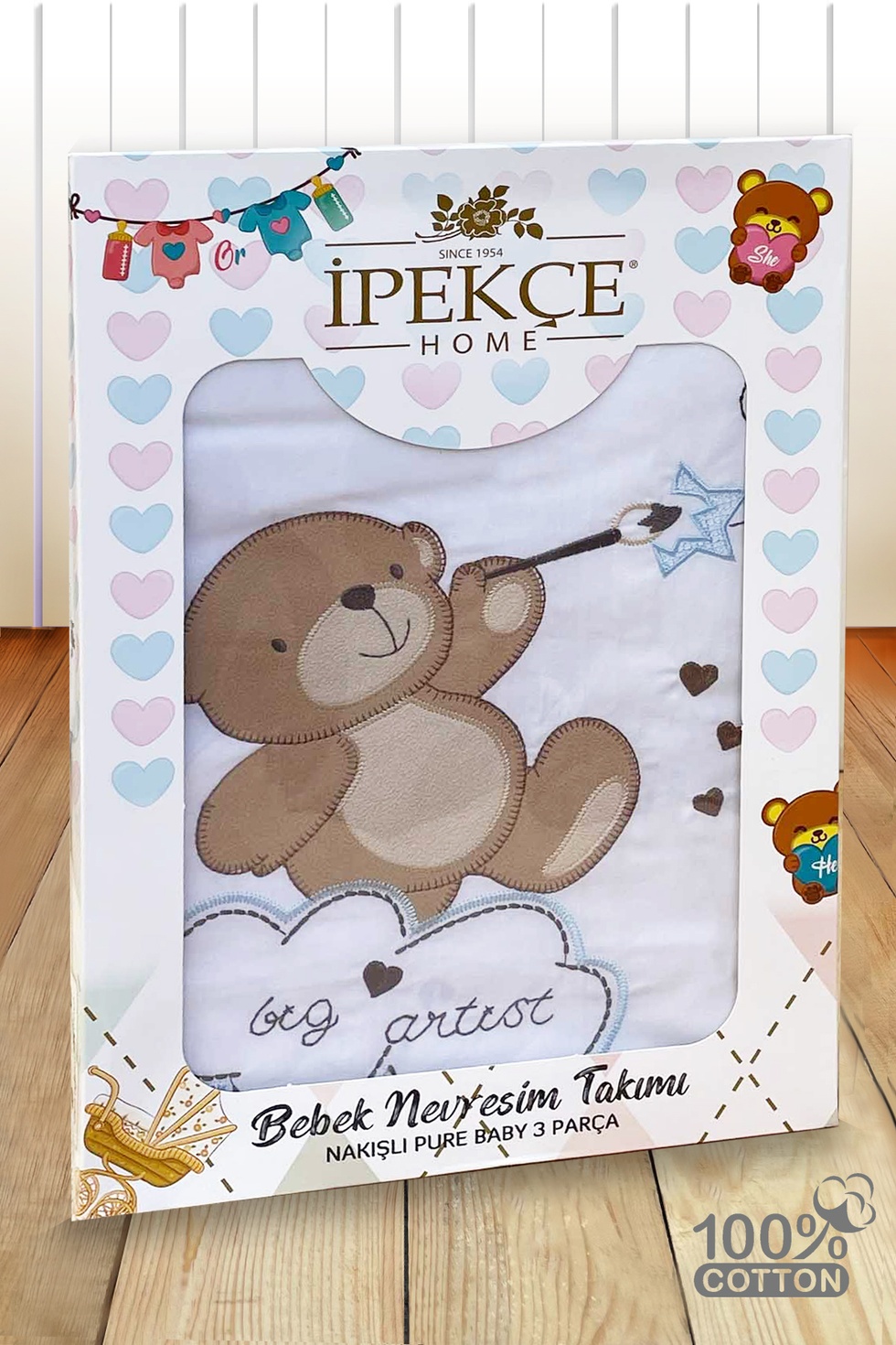 Pure Baby %100 Pamuk Kutulu 3 Parça Nakışlı Bebek Nevresim Takımı