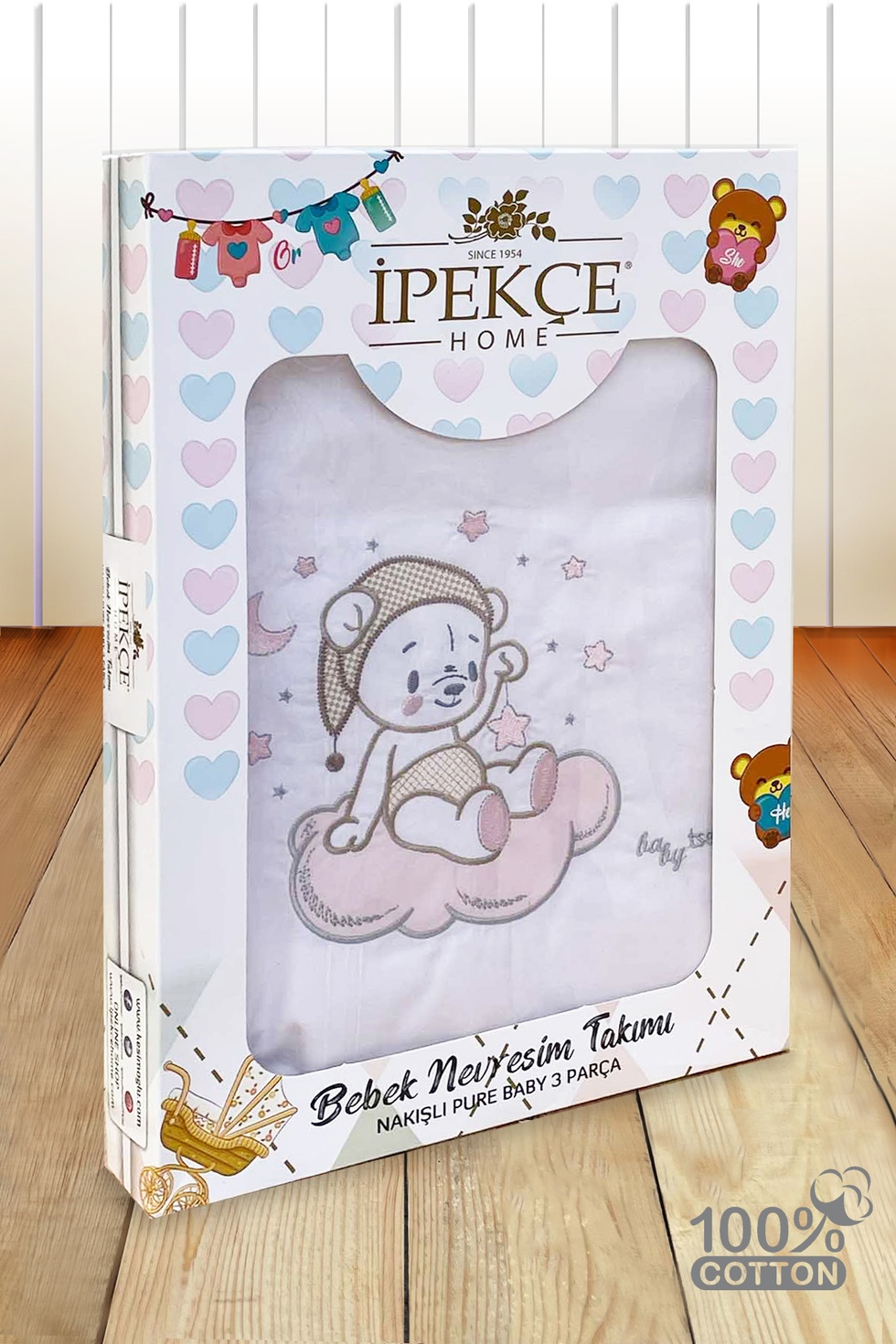 Pure Baby %100 Pamuk Kutulu 3 Parça Nakışlı Bebek Nevresim Takımı